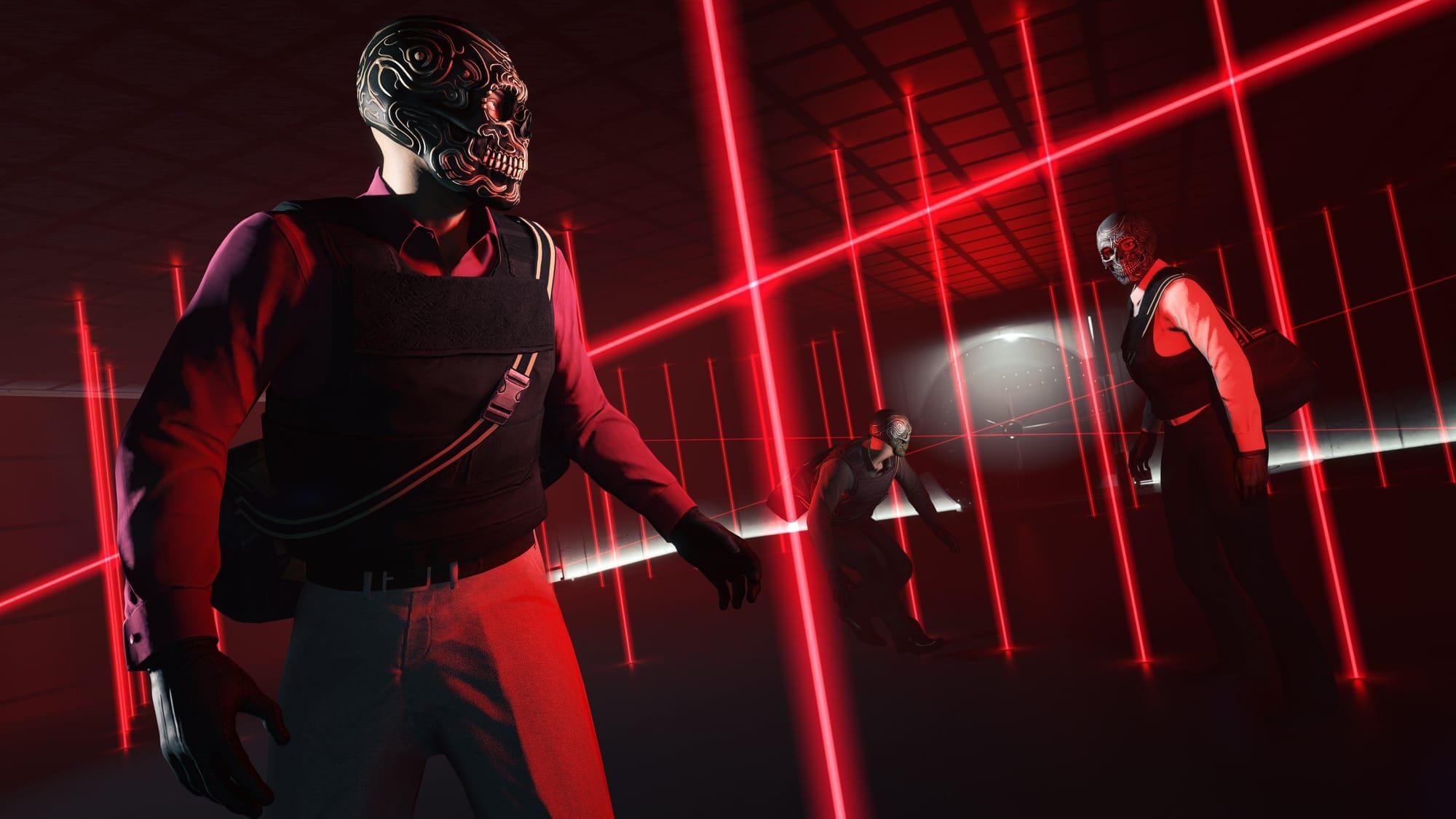 Eine Gruppe von Spielern bricht in das Kortz Center ein und bewegt sich durch ein Lasergitter, während sie Anzüge und verzierte Totenkopfmasken tragen.