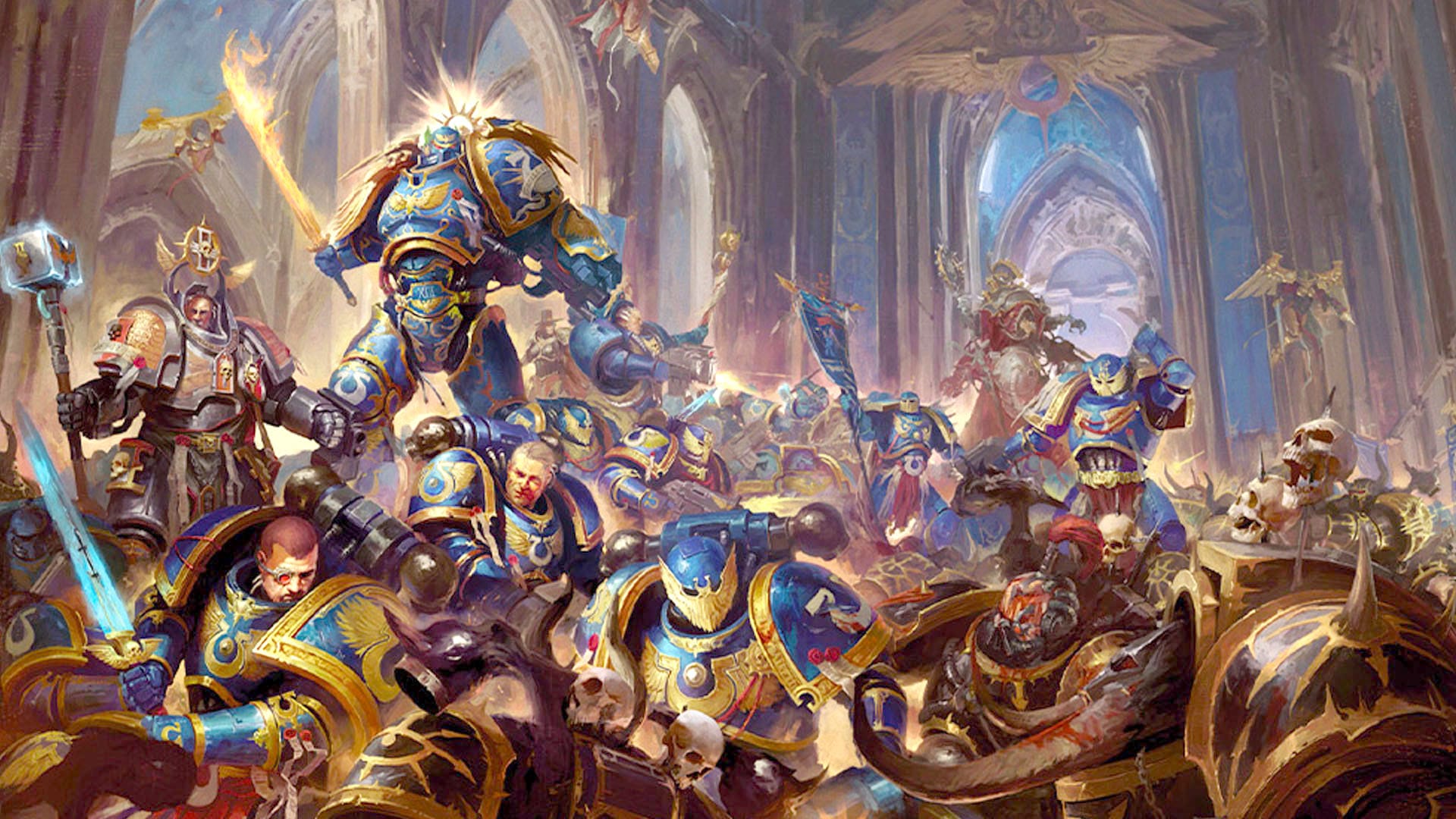 Guilliman kämpft zusammen mit seinen Ultramarines in einem massiven Marmor- und Goldbau gegen die Schwarze Legion.