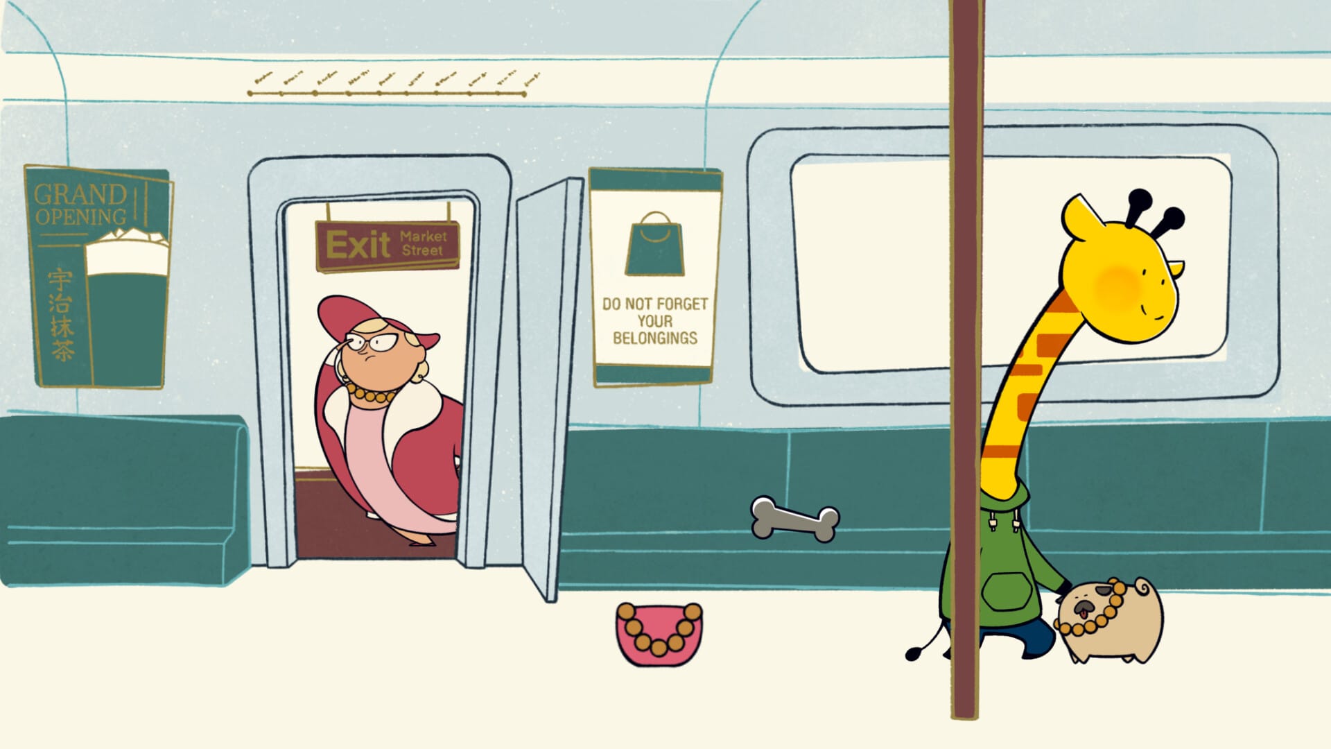 Eine sozial ängstliche Cartoon-Giraffe in einem grünen Kapuzenpullover streichelt einen albernen kleinen Mops in der U-Bahn, während sein Besitzer im Hintergrund nach ihm sucht