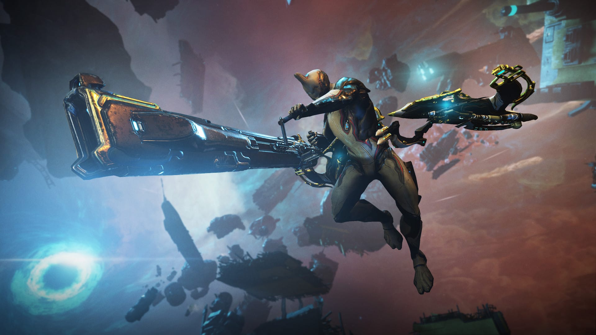 Excalibur, ein Warframe, bombardiert mitten im Weltraum mit einer riesigen Railgun.